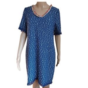 Vilagallo Womens Blue Tweed Fringe Hem Dress Size 44 Classic Office Workwear